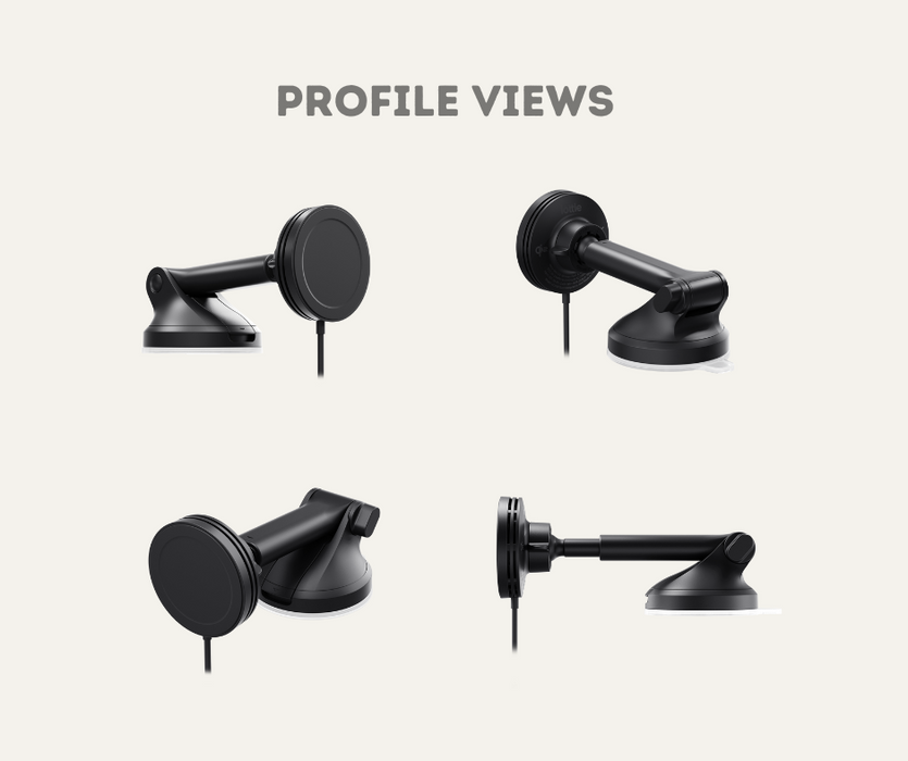 AutoChimp™ Velox Mini Qi2 Dash & Windshield Mount (Black) | iOttie Qi2 Wireless Charging | 15W MagSafe-Compatible Holder | Profile Views 
