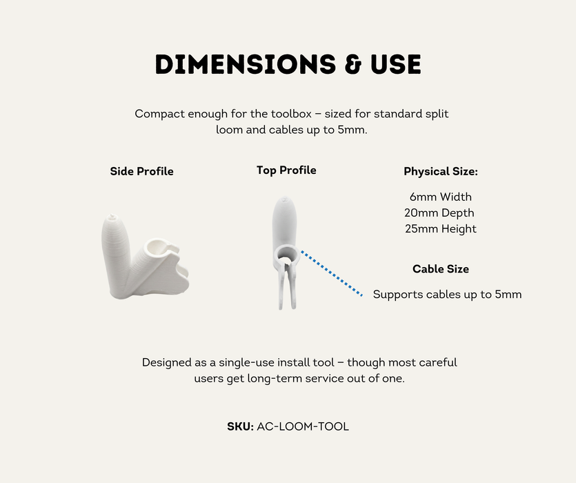 AutoChimp™ Wire Loom Tool | Split Conduit Installation Tool | SKU: AC-LOOM-TOOL | Dimensions & Use