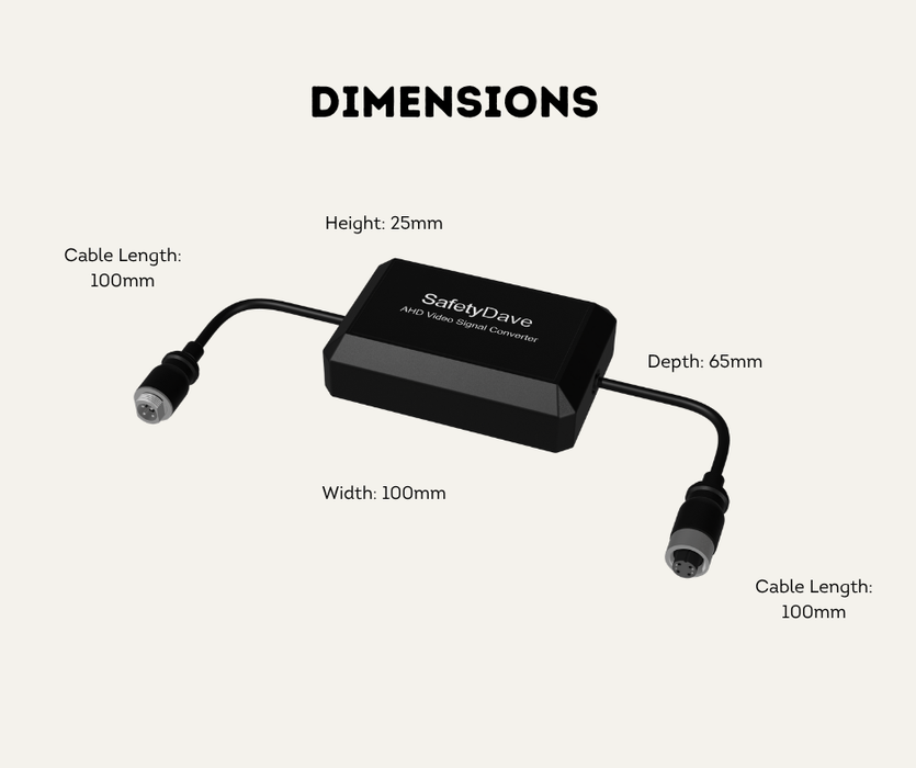 Safety Dave AHD to NTSC/PAL Video Converter | Heavy Duty 4-Pin Inline Adapter | For Factory Screens | AC-AHD-NTSC-CONV | Dimensions